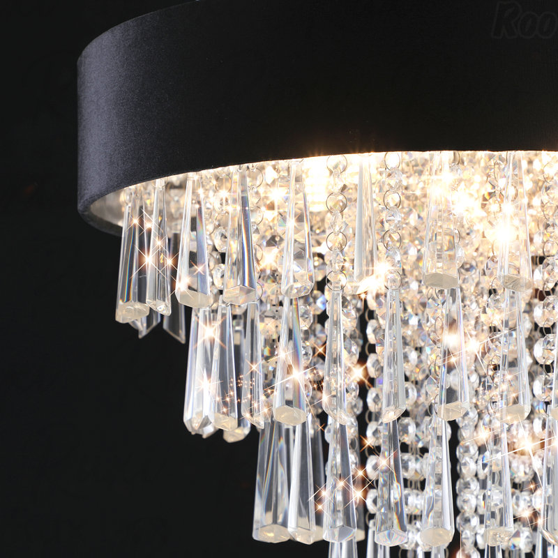 Lustre - design moderne en cristal de 18 pouces, finition noire, abat-jour en velours imitation antireflet, hauteur réglable, base G9 à 8 lumières