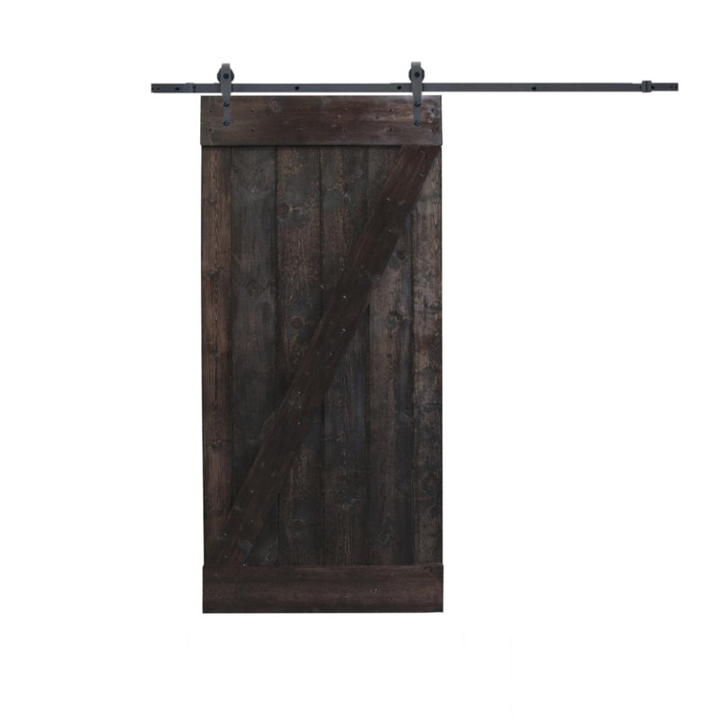 Porte de grange en bois lambrissé en Z avec trousse de quincaillerie d'installation, 24 po x 84 po, Café noir