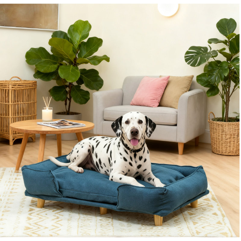 Confortable animal bleu foncé avec coussin amovible, cadre stable surélevé hygiénique et antidérapant, facile à assembler
