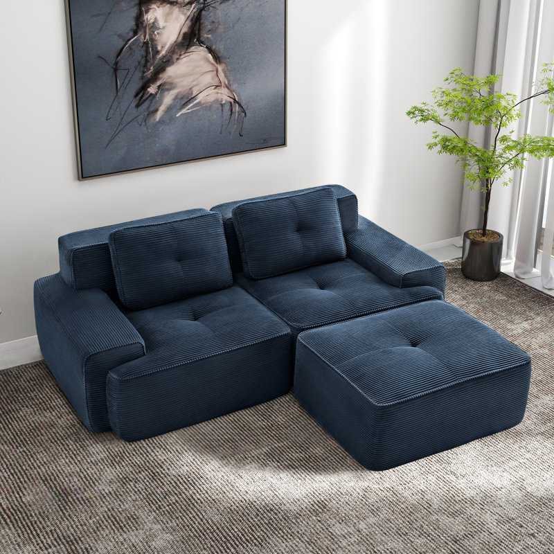 Canapé modulaire en forme de L de Boneless de 82 po pour le salon, tissu en velours côtelé, Bleu