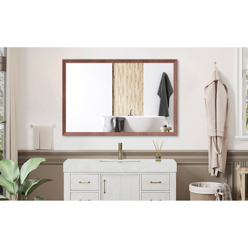 Miroir mural 48 po x 32 po rectangulaire avec cadre en aluminium garni de noyer, convient à la salle de bain, au salon, à la chambre à coucher, à la verticale / à l'horizontale, à l'épreuve de l'installation simple, très grand 48 po