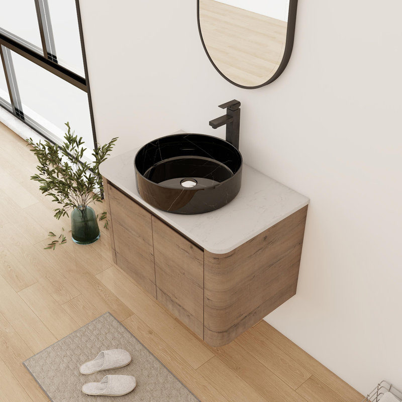 Meuble-lavabo flottant simple 30 po avec comptoir en céramique, Noir / blanc, 30", Brun