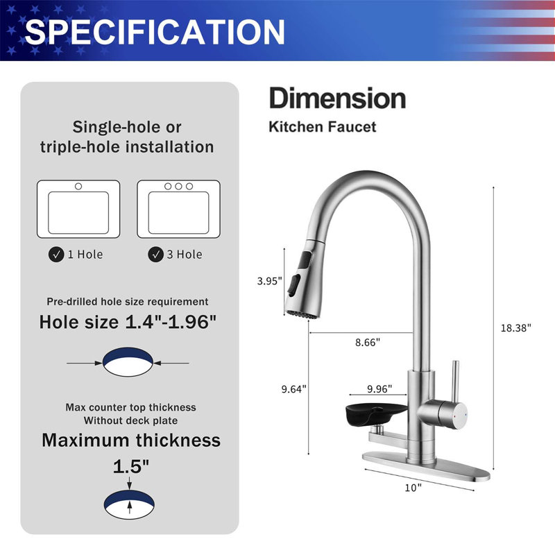Robinet de cuisine 3-en-1 en nickel brossé avec douchette rétractable, rinçage en verre à pression, 3 modes de jet et bec à grand arc