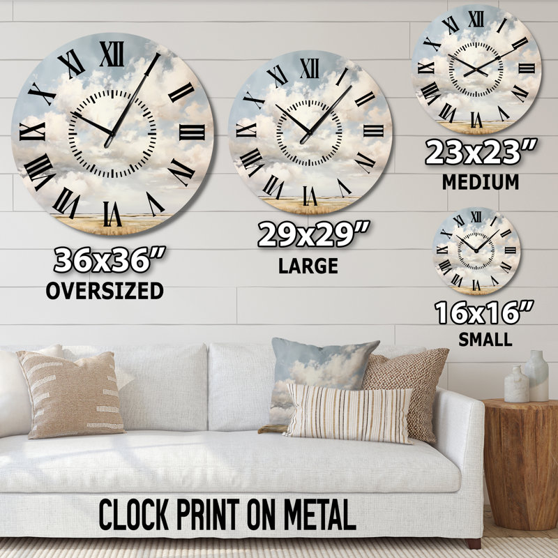 Horloge murale avec nuages blancs et paysage minimaliste, Médium
