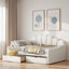 Lit de jour rembourré pleine grandeur avec dossier coquille et 2 tiroirs, beige, robuste et peu encombrant pour la chambre à coucher ou la chambre d'amis-1016043573