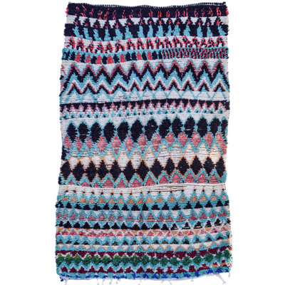 Tapis unique des années 1980 de 4 pi x 6 pi 3 po en bleu sarcelle / rose / vert / noir