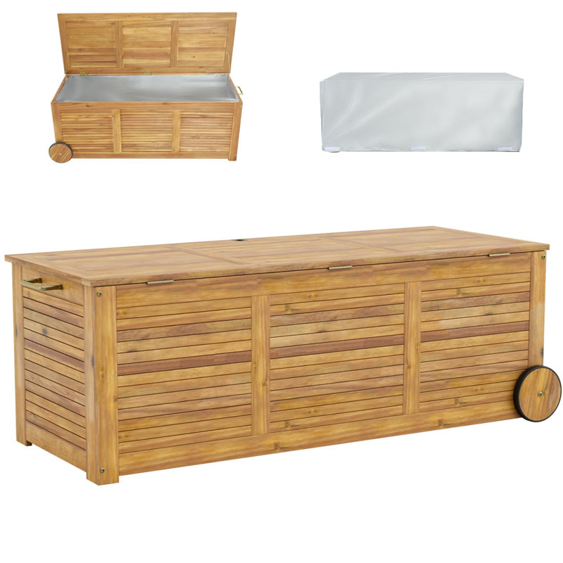 Union Rustic Monsen 10cm W 180L Acacia Deck Box with Wheels in Beige