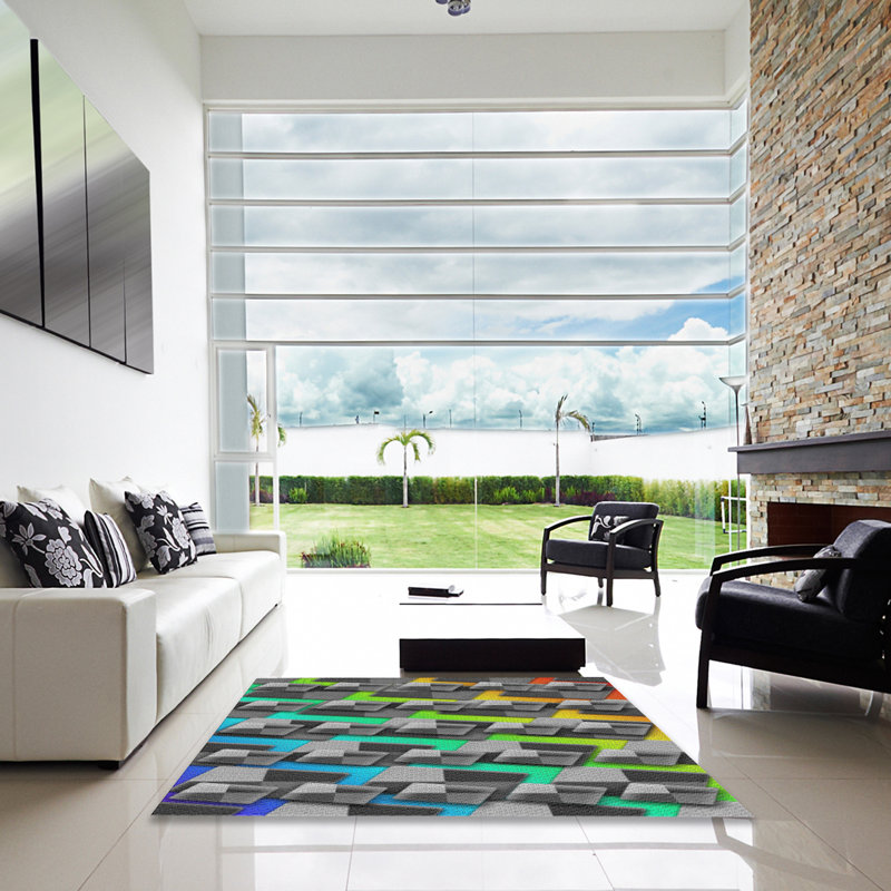 Tissé à la machine à motif géométrique en laine et polyester gris/bleu/vert Tapis décoratif, Carré 3 pi
