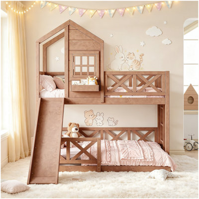 Cadre de lit superposé simple au dessus d'une maison double avec glissade, lit superposé en bois avec barrière de sécurité en forme de X, fenêtre et espace de rangement, aucun sommier nécessaire, naturel