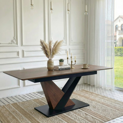 Scratch- Dining Table, Extendable, + Solid Wood Veneer, Metal Cross Base, Dark Walnut Extendable Rectangular Table For Kitchen Arrangement, Tabletop,