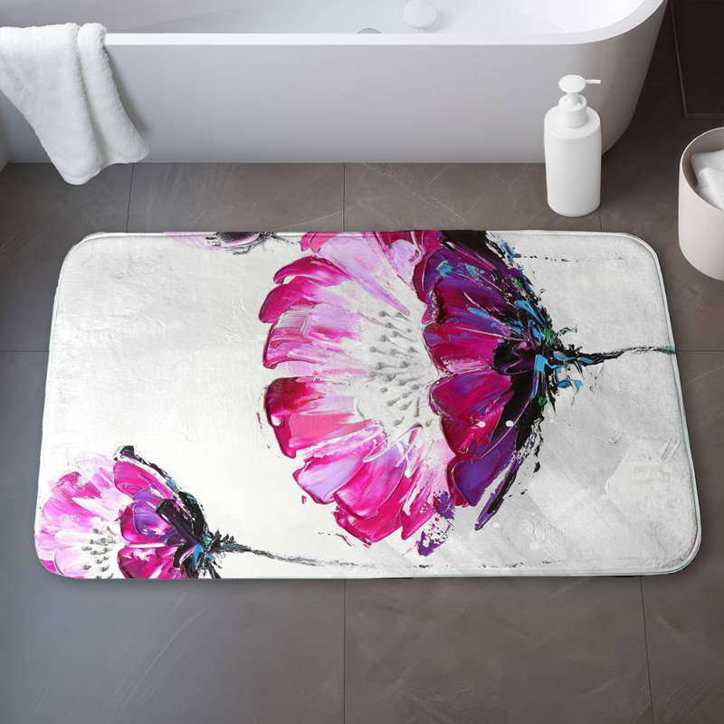 Pink wild flowers Bath Mat with Non-Slip Backing - Quick Dry Memory Foam Bathroom Rug - Absorbent - Modern Plush Spa-Style - Machine Washable