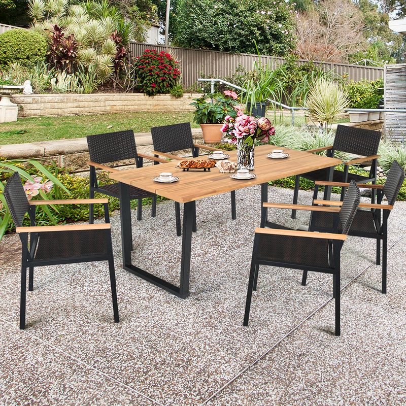 6 - Person Acacia Solid Wood Patio Dining Set Umbrella Hole Included Rectangular Table