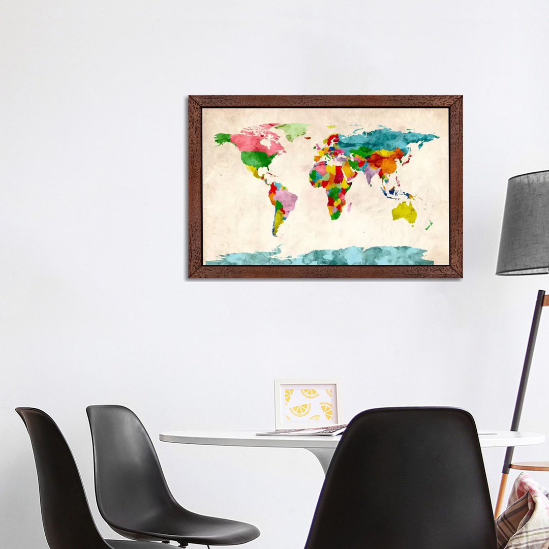'World Map Watercolours III' by Michael Tompsett - Floater Frame Graphic Art Print on Canvas