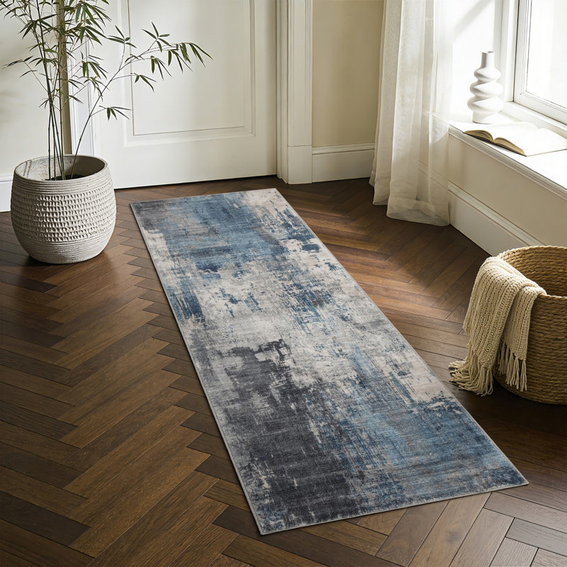 Eakes Abstract Blue Washable Foldable Runner Rug, 24" x 83"