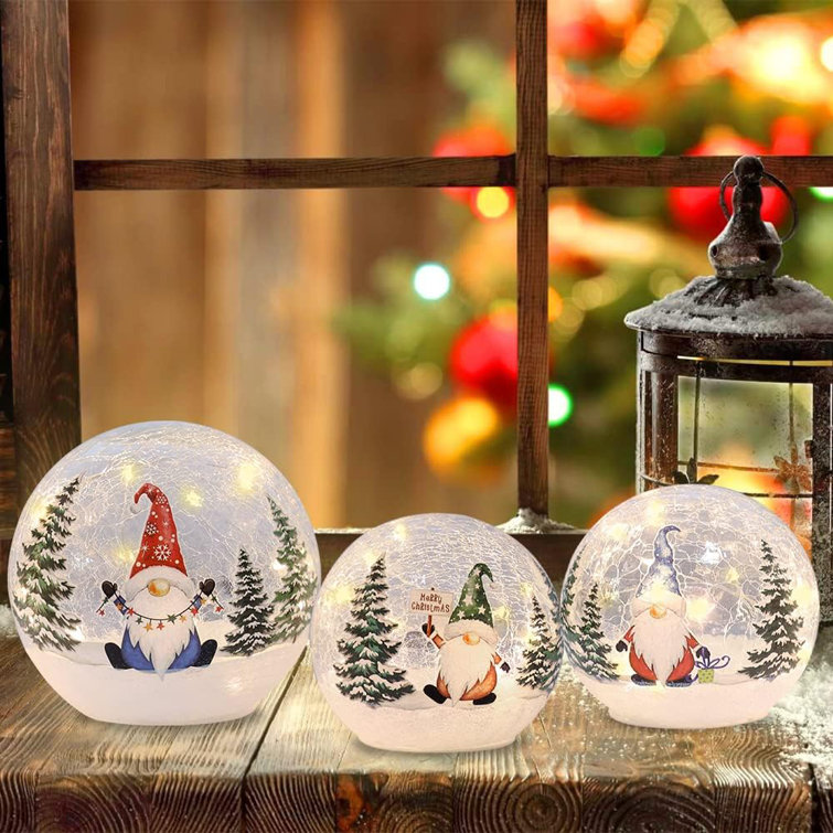 The Holiday Aisle® Christmas Decorations Indoor, Set Of 3 Crackle Glass  Ball With LED Lights Christmas Snowman Home Decor, Christmas Table  Decorations Lighted Globes With Timer For Mantel Fireplace Tabletop