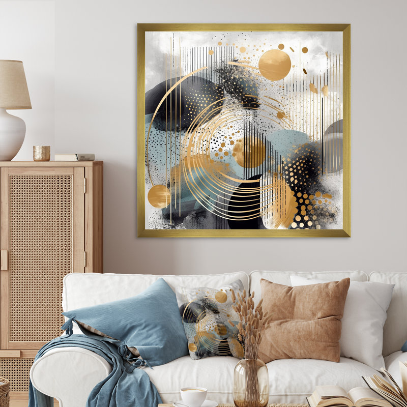 Or et gris, formes modernes, minimalisme II - décoration murale abstraite, H 30 po x l 30 po x P 1,5 po, Cadre doré simple