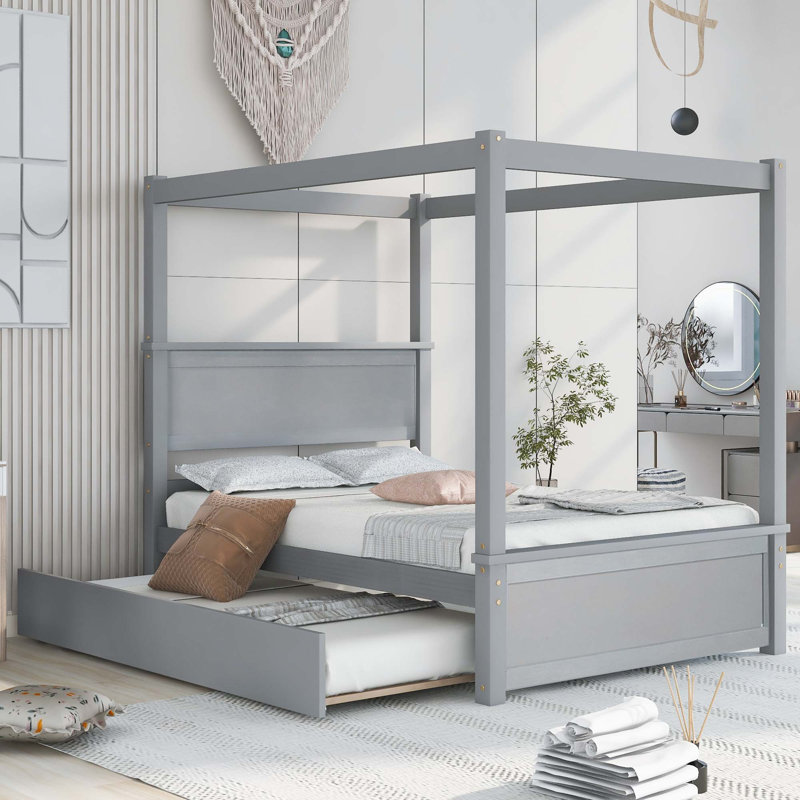 Wood Canopy Bed With Trundle Bed, Gray