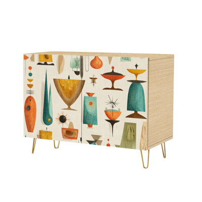 Sideboard Buffet Cabinet with Storage Retro Atomic Geometric Seamless Turquoise Orange with 2 Doors for Living Room and Kitchen