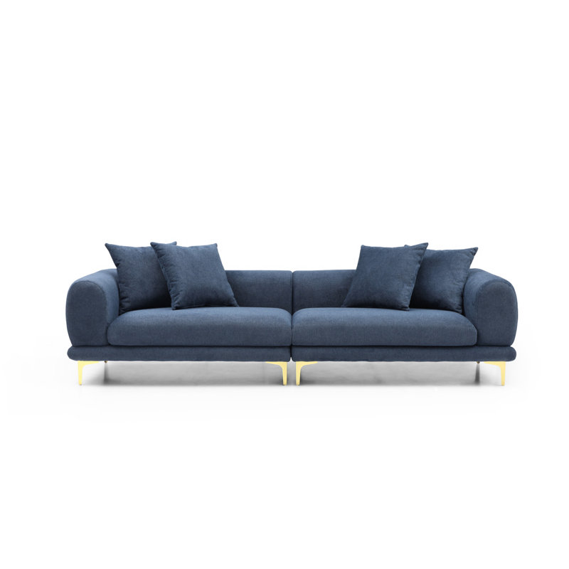 Kaseta 102" Upholstered Sofa, Navy Blue Cotton, 25.4" H x 108.3" W x 36.2" D, Gold