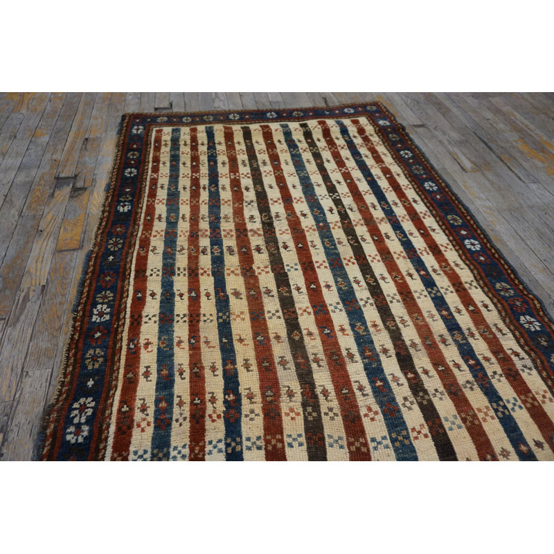 Tribal Stripped Antique Ivory Caucasian Late 19th Century Rug