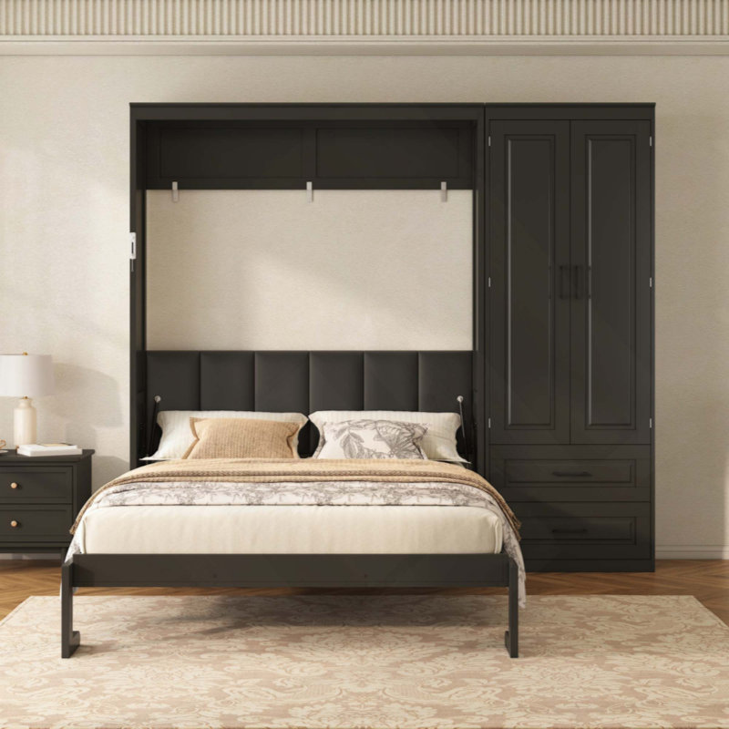 Lit escamotable avec armoire de rangement et tiroirs, tête de lit tapissier Murphy, Black