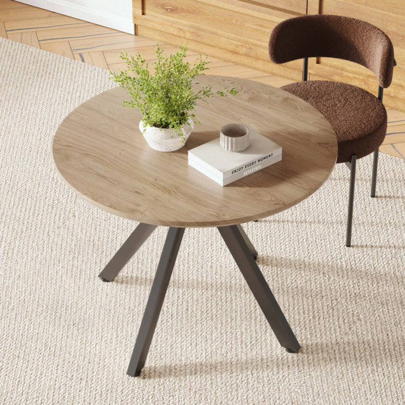 Table de salle à manger ronde en bois massif pour 4 à 6 personnes avec base piédestal entrecroisée, Brun / Noir