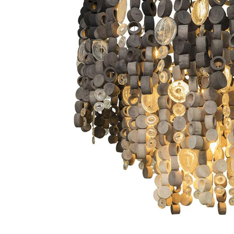Round Wood Disk Chandelier w/ Recycled Glass Disks, Natural;Stained Charcoal