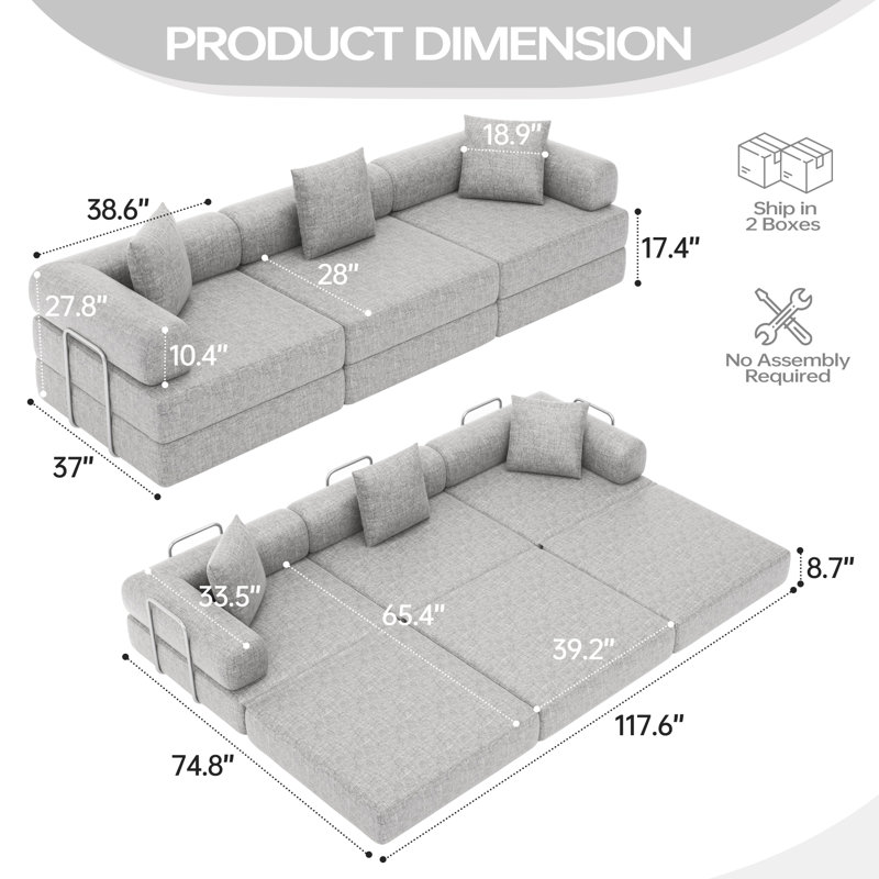 Boneless 117.6-Inch Convertible Folding Sofa Bed, Fixed-Shape Frame Floor Sleeper Sofa, Oversized Modular Sectional Couch With Chenille Upholstery For Living Room (Black)