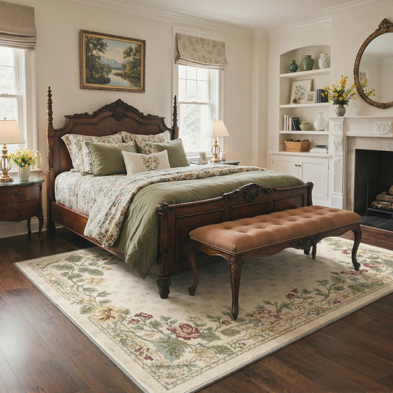 Floral Machine Washable Beige/Light Green/Ivory Indoor Area Rug With Non-Slip Backing, Round 5'