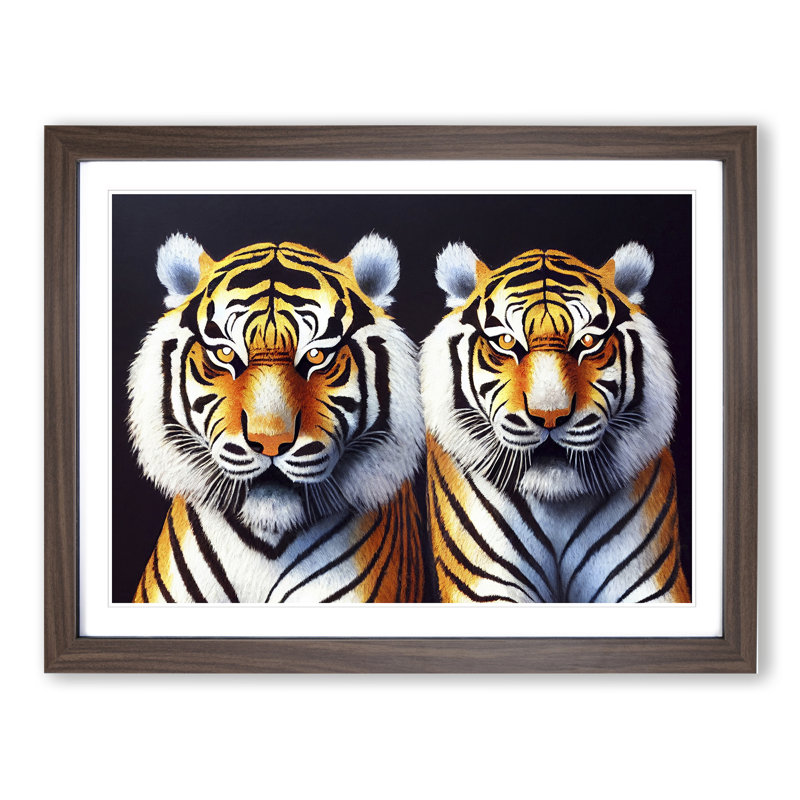 Symmetrical Tigers - Single Picture Frame Print, 25cm H x 34cm W, Walnut
