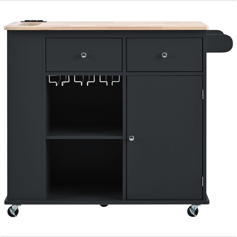 Kitchen Island With Power Outlet,Kitchen Storage Island With Drop Leaf And Rubber Wood,Open Storage And Wine Rack,5 Wheels,With Adjustable Storage For Home, Kitchen, And Dining Room