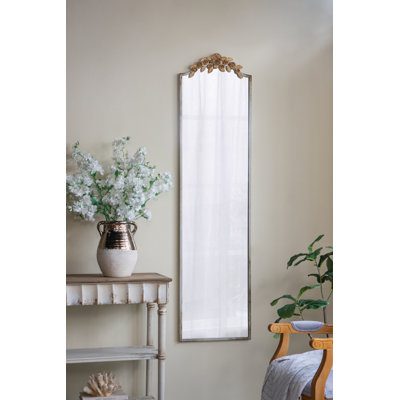 18.1X1.6X70.9" Large Rectangular Full-Length Mirror With Distressed Ivory Frame And Gold Floral Crown