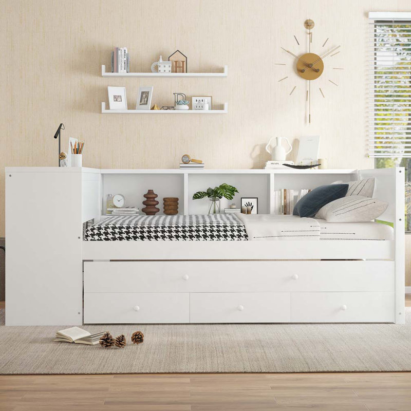 Wood Daybed with Trundle,Storage Drawers and Side Shelves, Twin, White