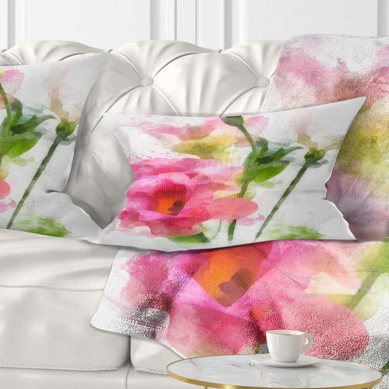 Coussin décoratif imprimé à la main fleur d'aquarelle rose, Rectangle, 12 po x 20 po