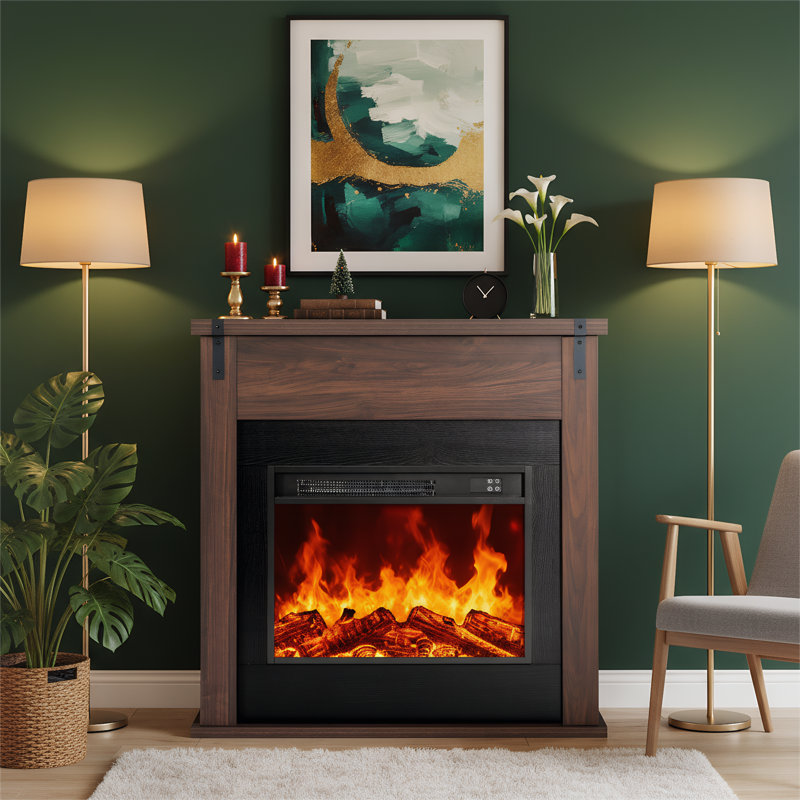 36" Freestanding Electric Fireplace With Mantel, Walnut