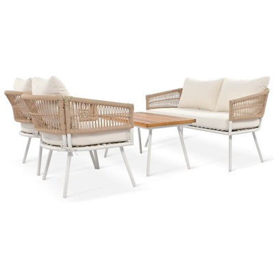 Ensemble de meubles de patio en corde 4 pièces, meubles d'extérieur avec table en bois d'acacia, ensemble de conversation de patio avec assise profonde et coussin épais pour le balcon de la cour arrière, beige
