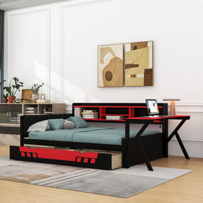 Lit de jour de jeu avec bureau, tablettes de rangement, éclairage et borne de recharge