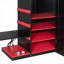 Structure de lit mezzanine pleine grandeur à finition bois rouge conçue pour les jeux et le travail avec bureau intégré, rangement et éclairage RVB