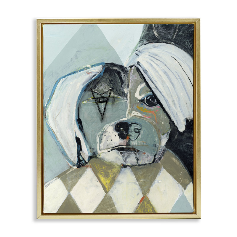 Cadre flottant abstrait Portrait de chien, design par Stacy Milrany, H 21 po x l 17 po, Cadre flottant métallique doré