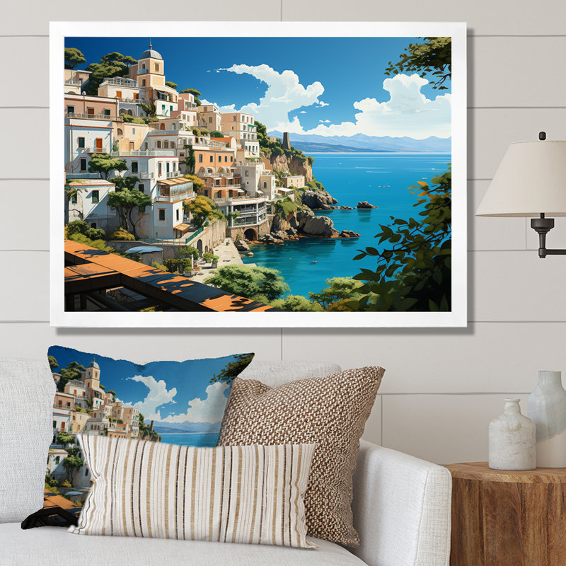 Capri, Italie, paysage côtier, rêve III - Italie, art mural paysage, Cadre de coin blanc fermé, H 16 po x l 32 po x P 1 po