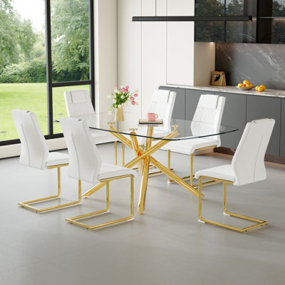 Ensemble de tables de salle à manger 71 "en verre moderne avec chaises en cuir - Ensemble de table de salle à manger de luxe pour 6 à 8 personnes