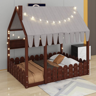 Lit en bois Montessori pour enfants avec rampes, tente et lumières, 3 tablettes de rangement