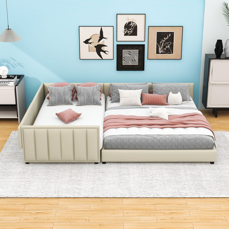 Kayelee Queen and Twin XL Size Upholstered Platform Bed, Beige