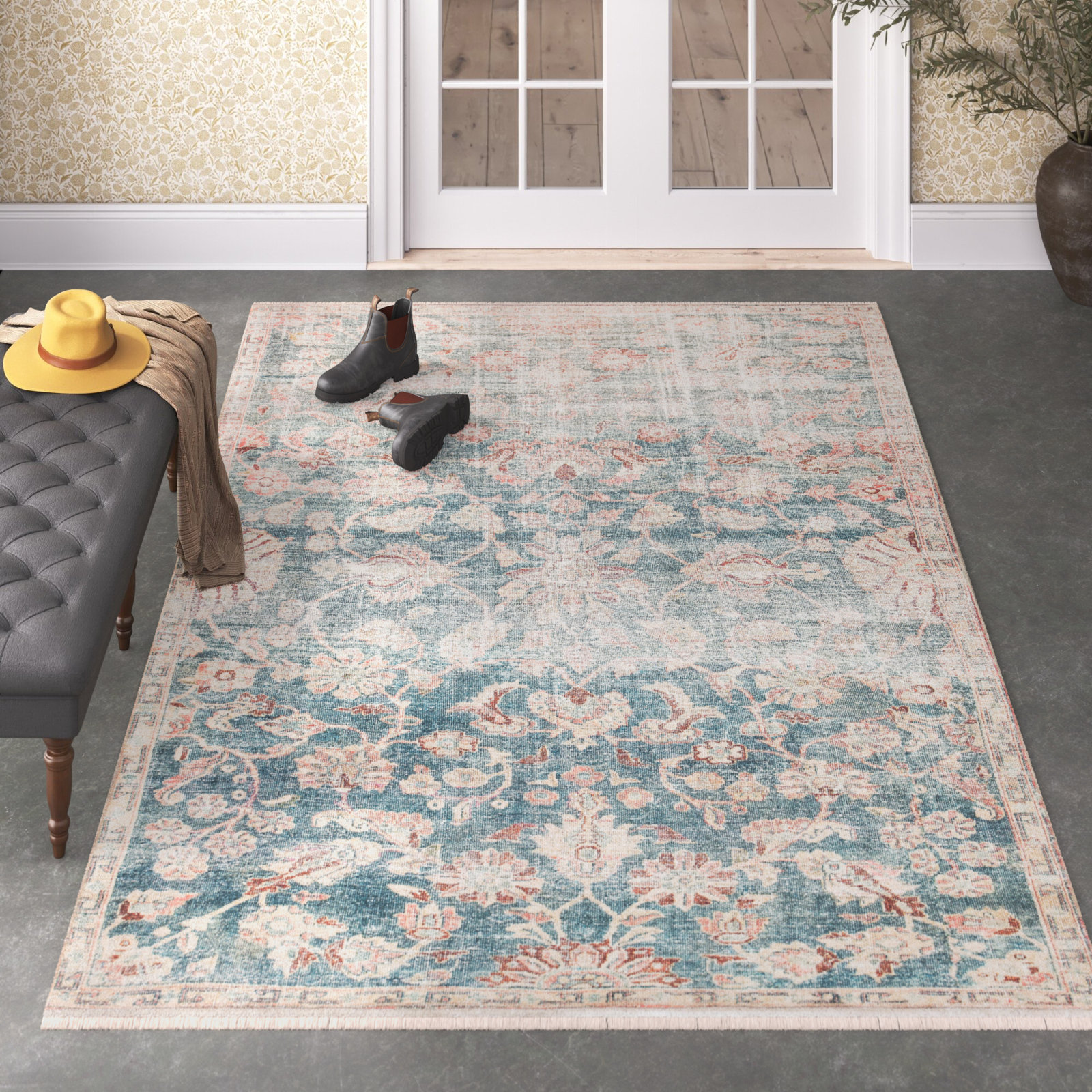 Faye Dark Teal Beige Oriental Rug, Rectangle 4' x 6'
