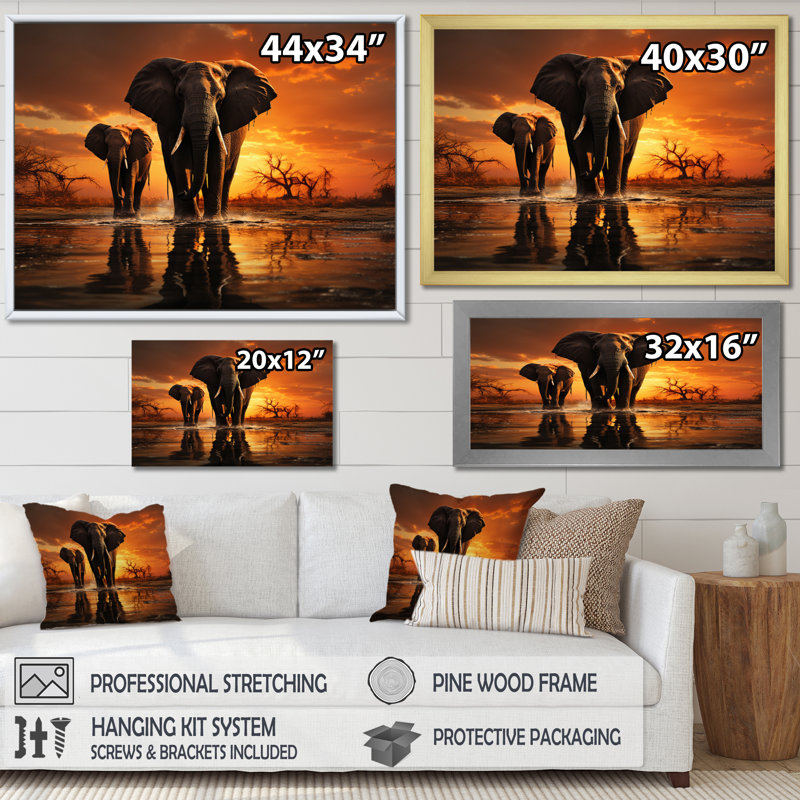Elephant Shadows of Serenity IV - reproduction, Encadrement doré, H 34 po x l 44 po x P 1,5 po