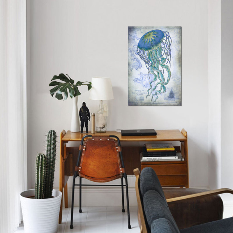 «Jellyfish on Image of Nautical Map», impression sur toile, H 26 po x l 18 po x P 1,5 po, Toile tendue, Pas de tapis