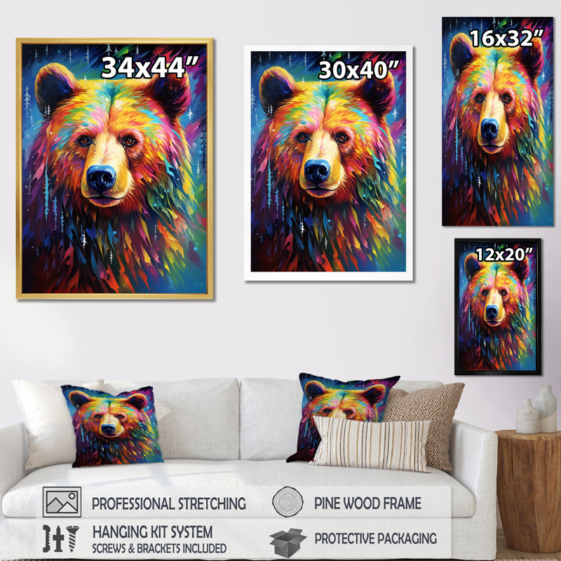 «Colorful Poppart Bear Majesty», reproduction sur toile, Cadre flottant noir, H 40 po x l 30 po x P 1,5 po