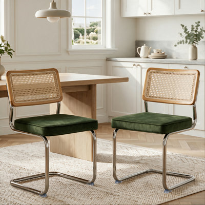 Green Rattan Dining Chairs Set of 2, Wooden Mid-Century Modern Kitchen Chairs, Mesh Back Cane Dining Room Chairs, Cesca Chair with Metal Chrome Legs