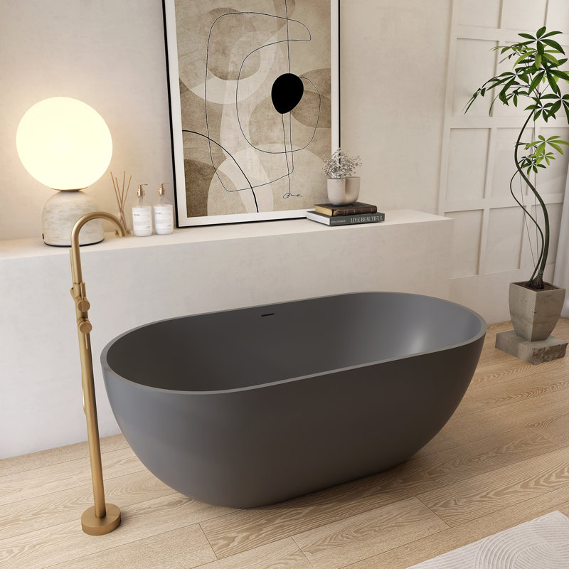 Oval Solid Surface Bathtub, Freestanding Soaking Bathtub, Dark Gray
