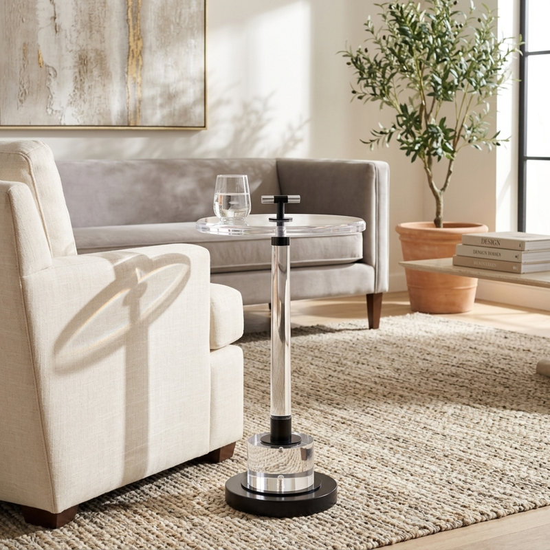 Table d'appoint moderne en acrylique avec pied central pour salon ou chambre - Élégante table d'appoint ronde et étroite pour la maison ou le bureau - 63,5 cm
